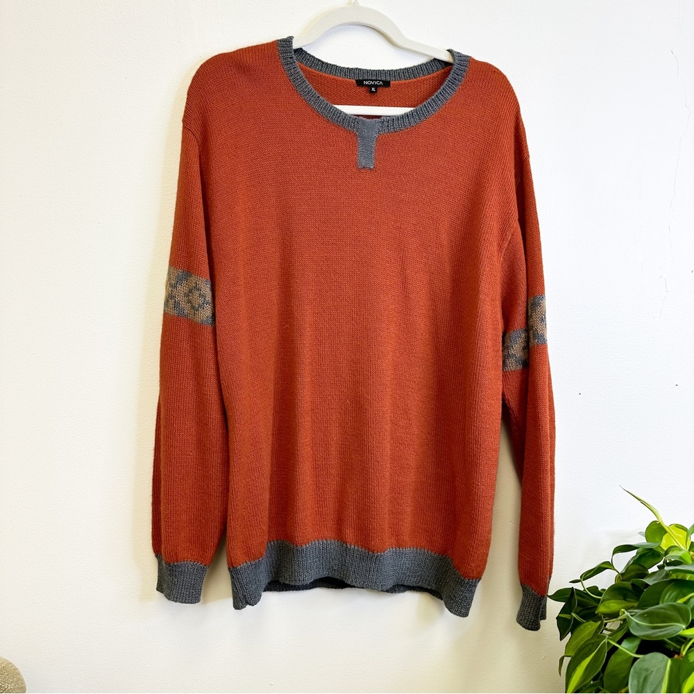 Novica Orange Alpaca Pullover Sweater Chakana Wanderer XL